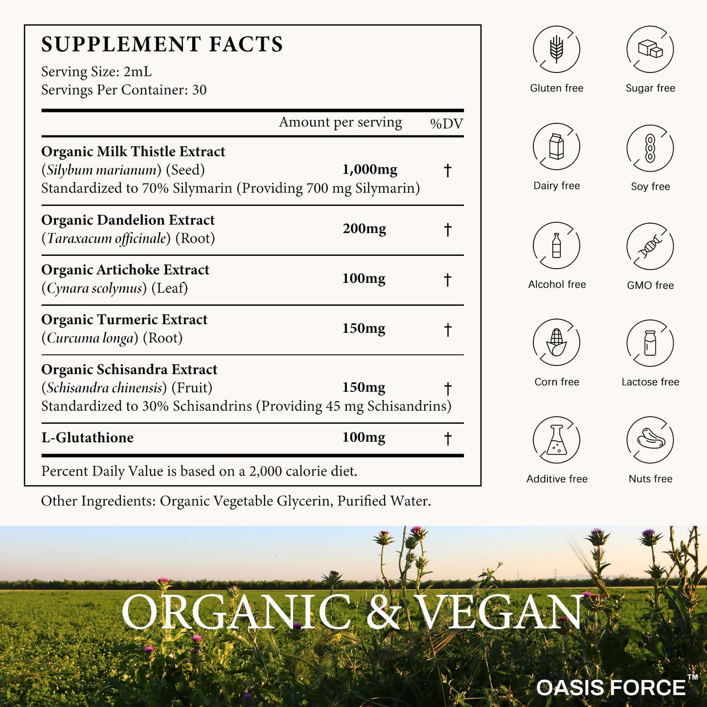 Oasis Force liver repair drops highlighting the cold pressed extraction formula details on the back label.