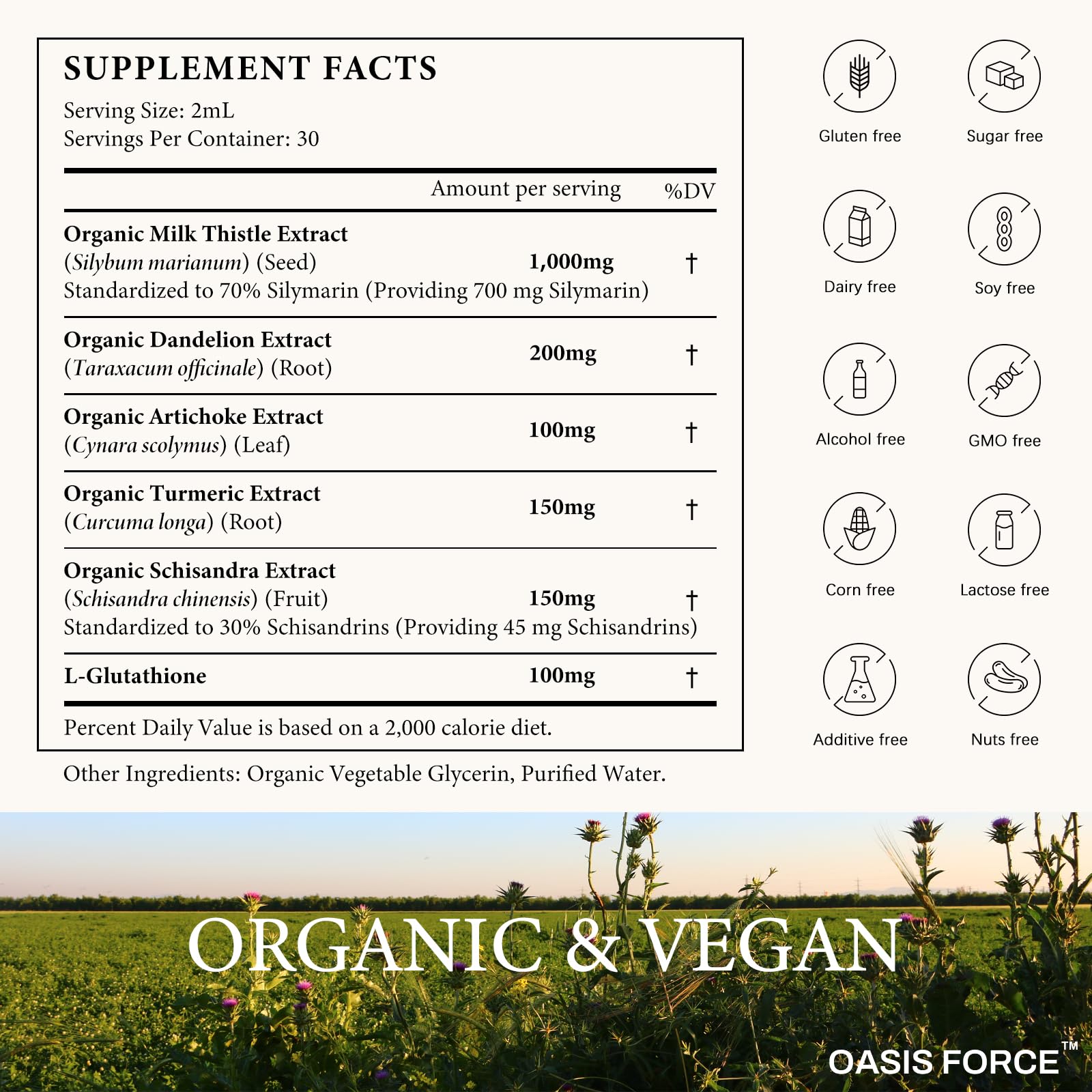 Oasis Force liver repair drops highlighting the cold pressed extraction formula details on the back label.