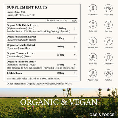 Oasis Force liver repair drops highlighting the cold pressed extraction formula details on the back label.