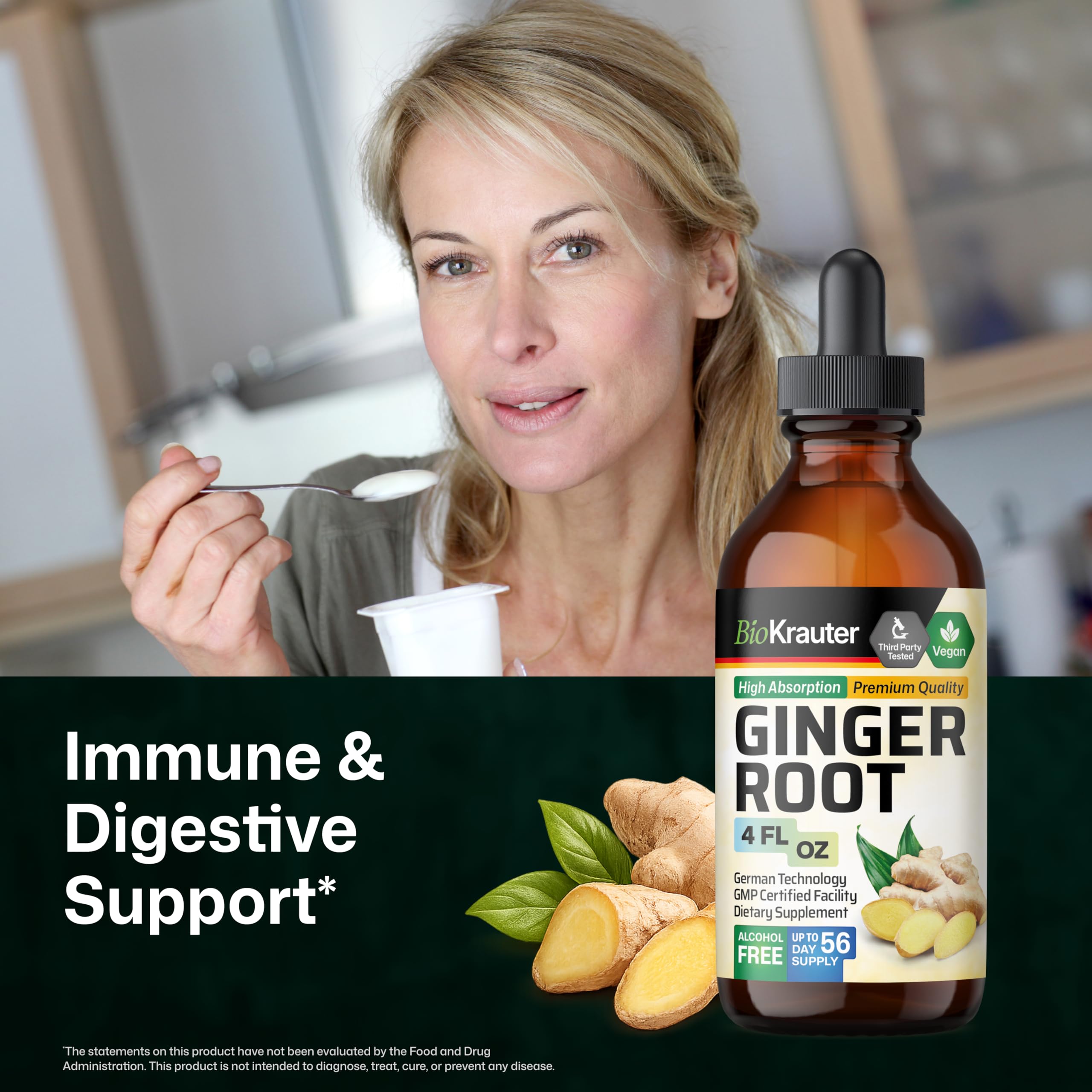 Side angle of BIO KRAUTER ginger root drops highlighting the ingredient list and clear supplement facts label