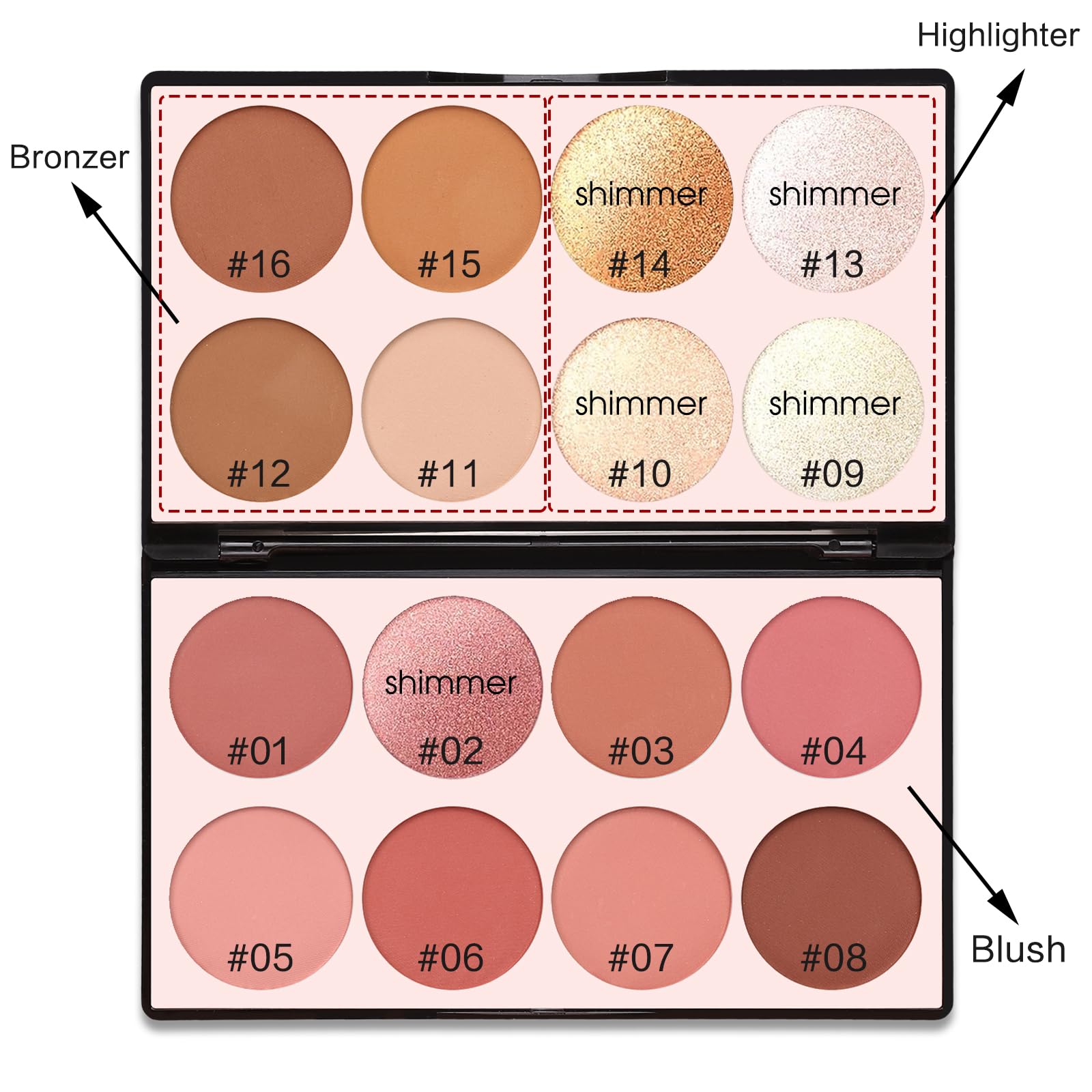 Springsky makeup kit showing the selection of four radiant highlighter powder shades close up