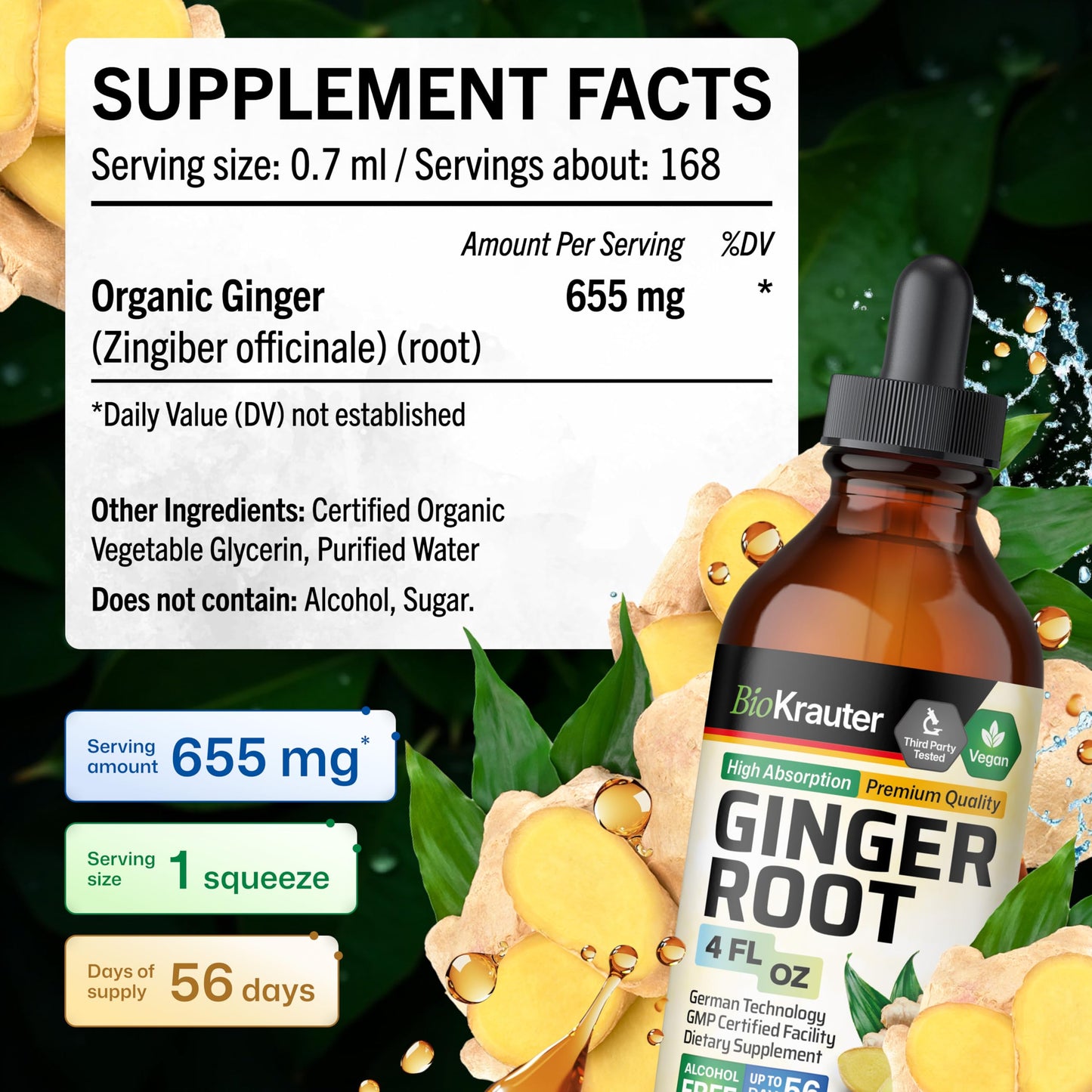 BIO KRAUTER ginger extract bottle displayed next to fresh ginger roots emphasizing natural plant origins
