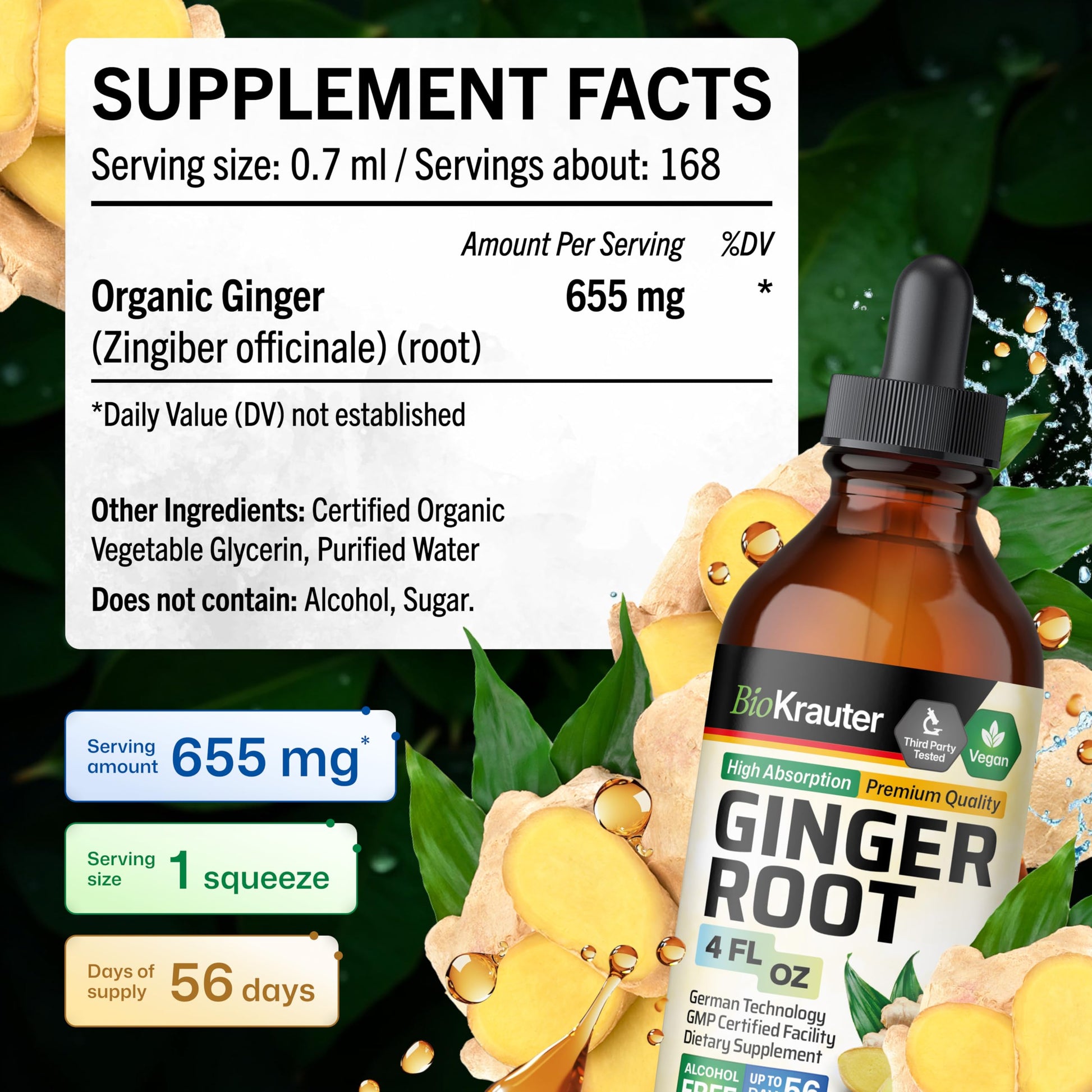 BIO KRAUTER ginger extract bottle displayed next to fresh ginger roots emphasizing natural plant origins