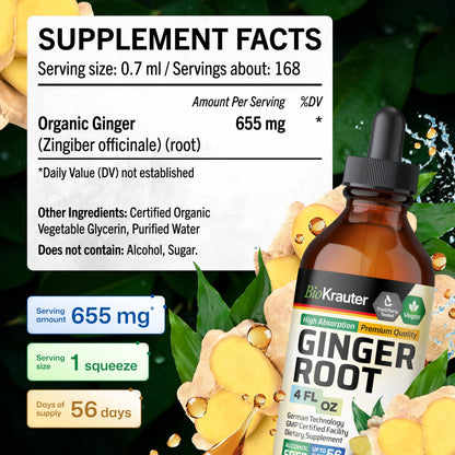 BIO KRAUTER ginger extract bottle displayed next to fresh ginger roots emphasizing natural plant origins
