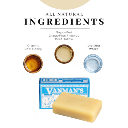 The VanMan Company natural soap bar in hand