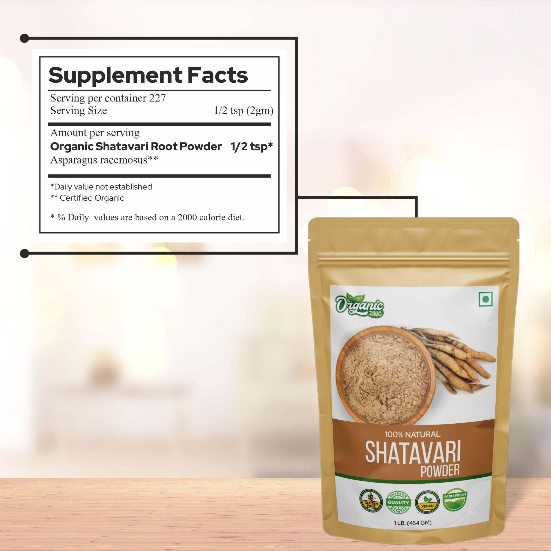 Organic Zing Shatavari Powder 454 grams bag displayed on a clean counter