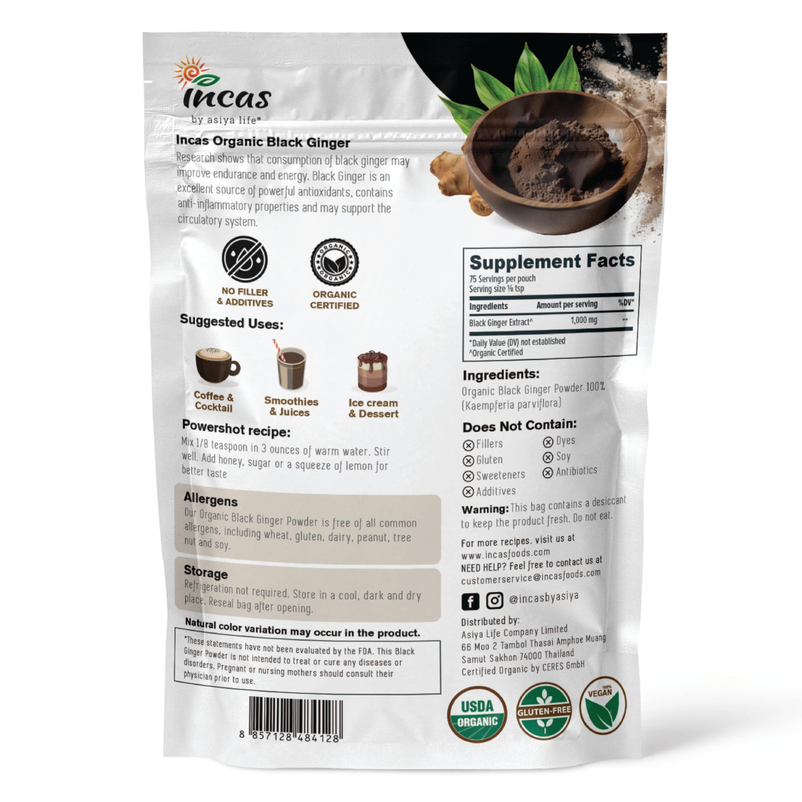 Incas Black Ginger Powder 2.65 Ounce supplement label detailing organic certifications
