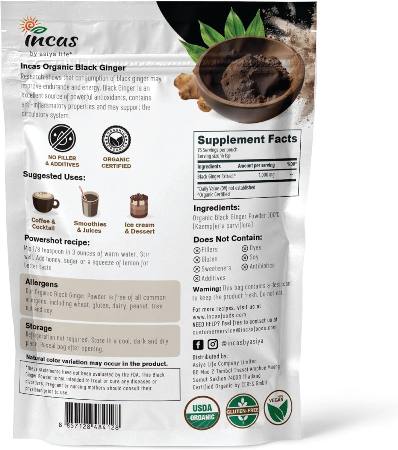 Thai black ginger fine powder showing texture and rich dark color