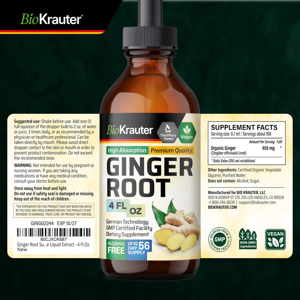 Complete product packaging display of USA imported BIO KRAUTER ginger root dietary supplement on clean backdrop