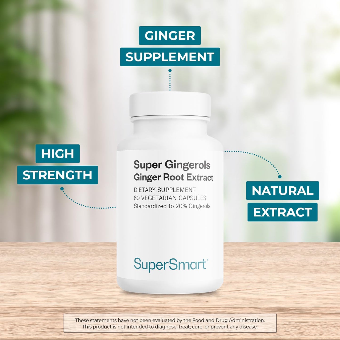 Close up view of non-GMO gluten-free standardized gingerol wellness supplement.