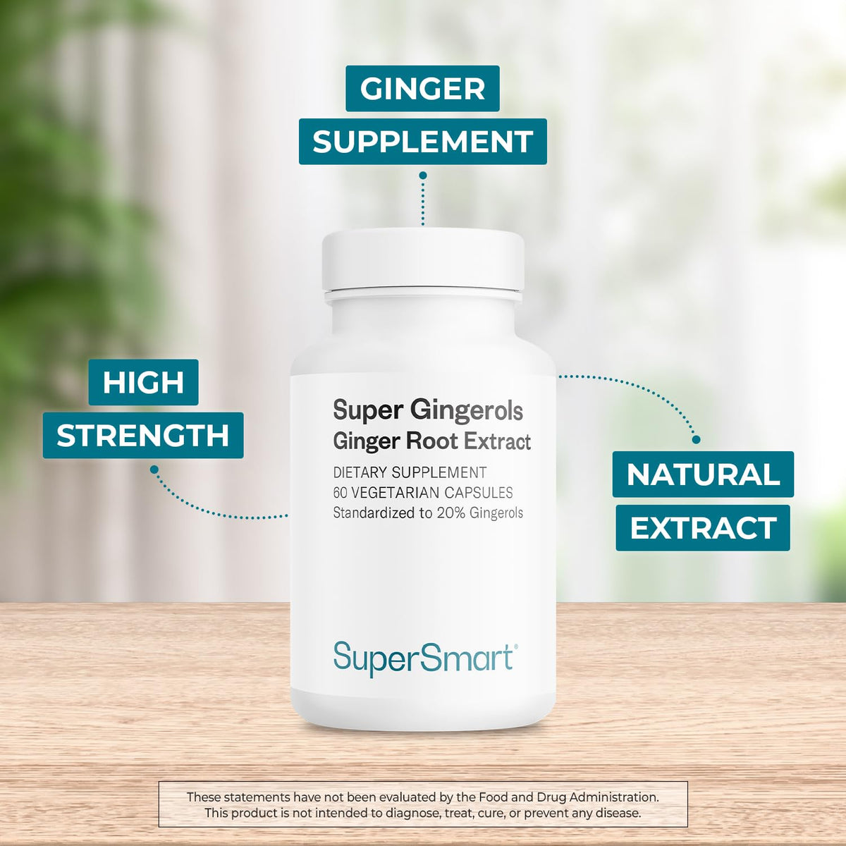 Close up view of non-GMO gluten-free standardized gingerol wellness supplement.