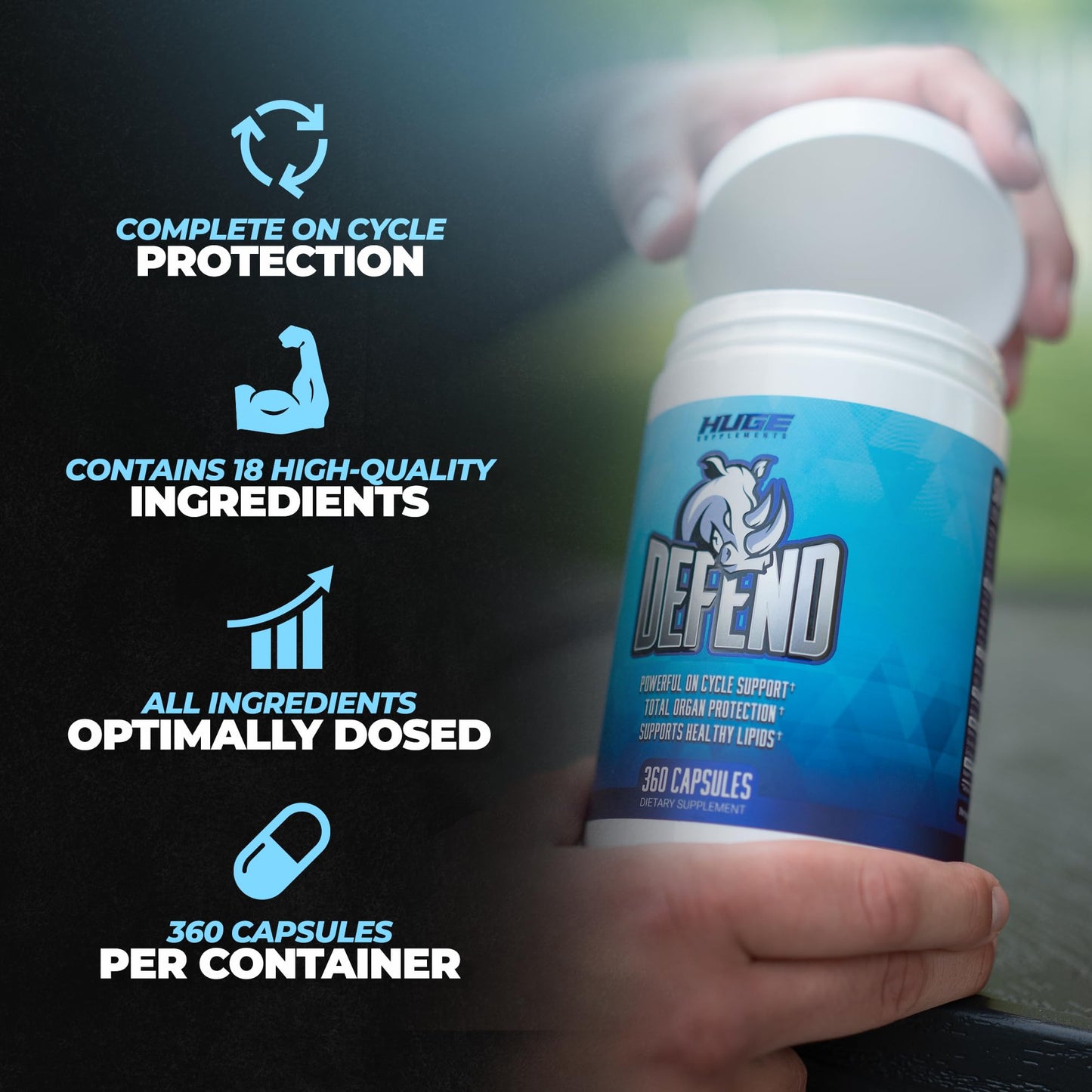 Huge Supplements Defend full nutritional facts and ingredient breakdown view.