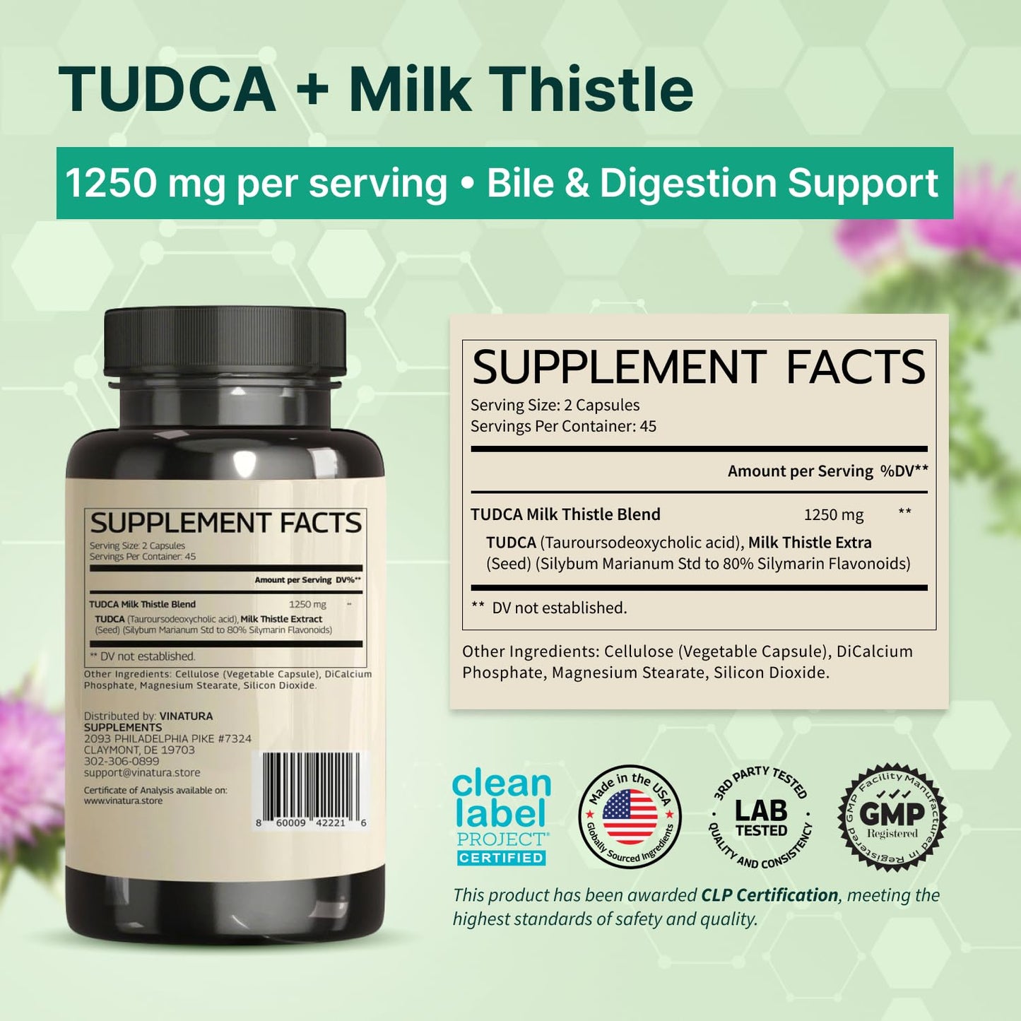 Vinatura TUDCA and bile salts supplement label showing ingredients and serving sizes.