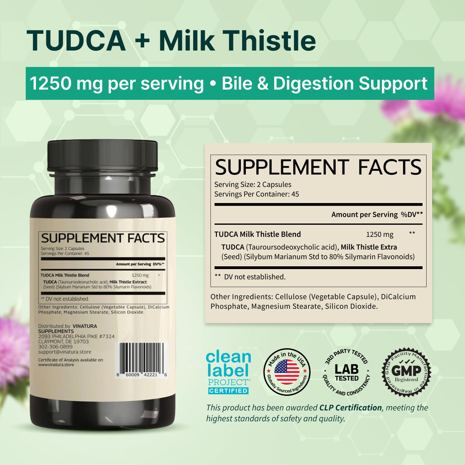 Vinatura TUDCA and bile salts supplement label showing ingredients and serving sizes.