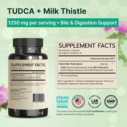Vinatura TUDCA and bile salts supplement label showing ingredients and serving sizes.
