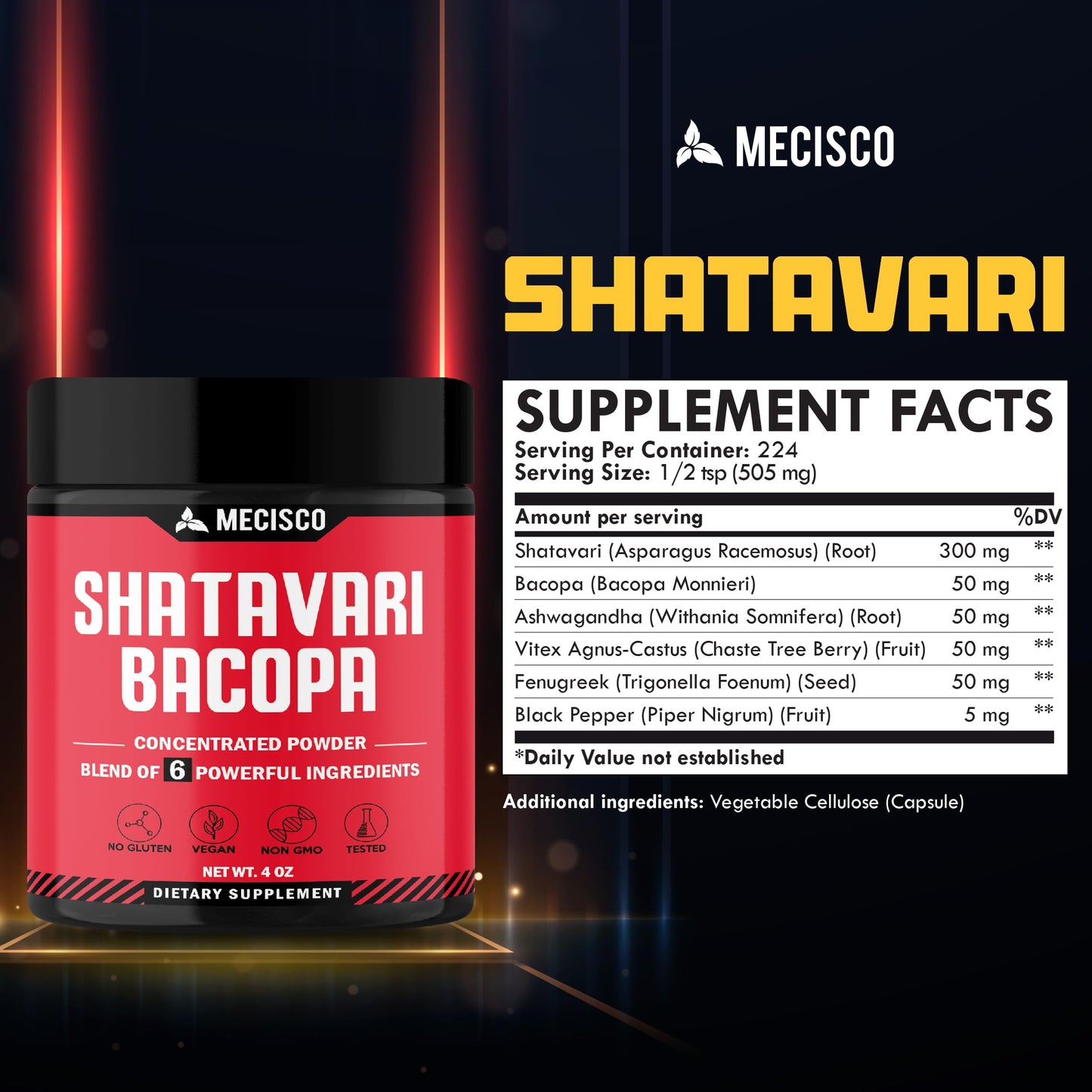 Mecisco 6in1 Shatavari herbal blend supplement showing organic ingredient labels
