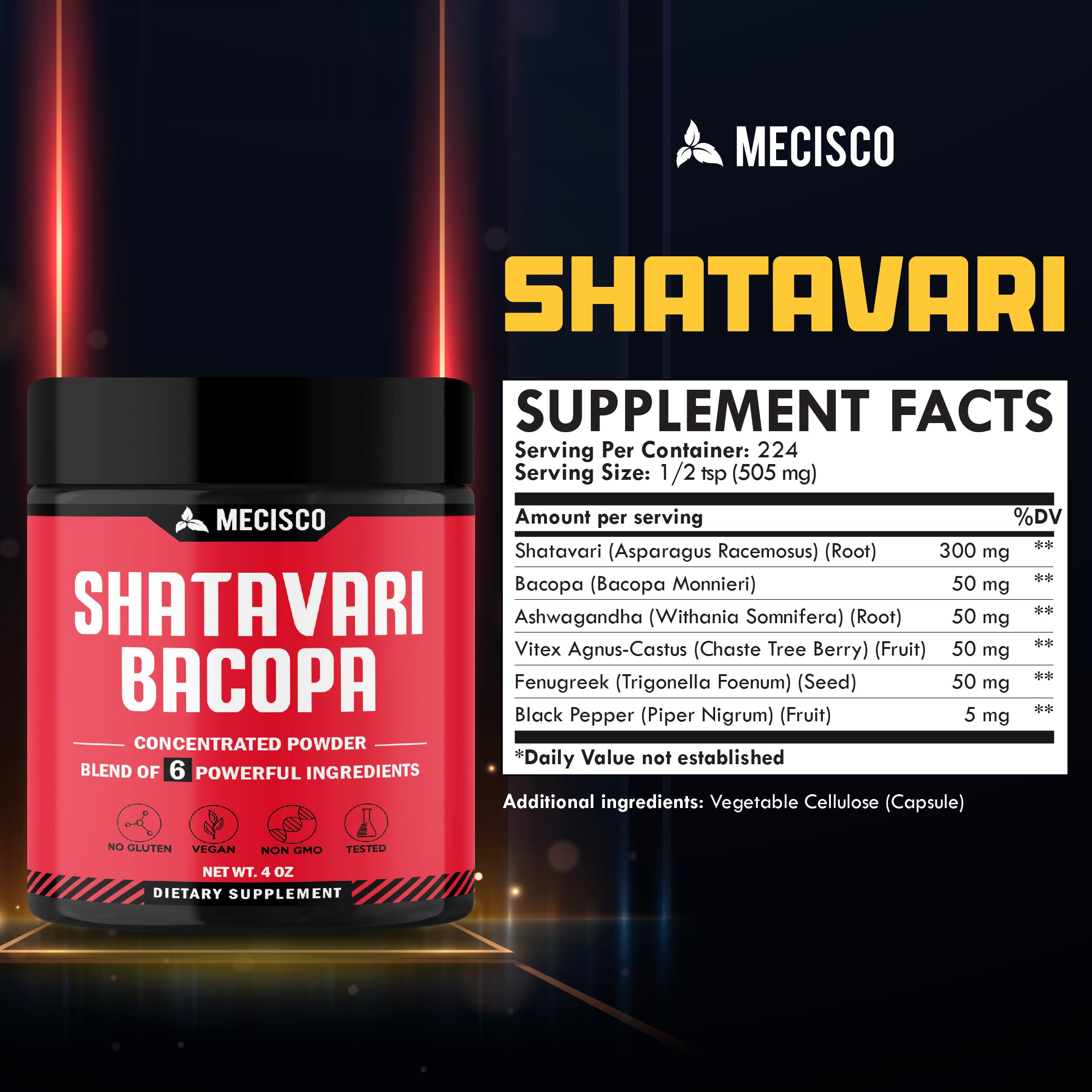 Mecisco 6in1 Shatavari herbal blend supplement showing organic ingredient labels