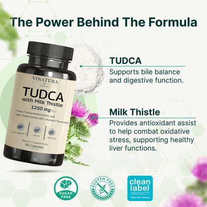 Vinatura TUDCA 1000mg with milk thistle extract 250mg allergy safety information side view.