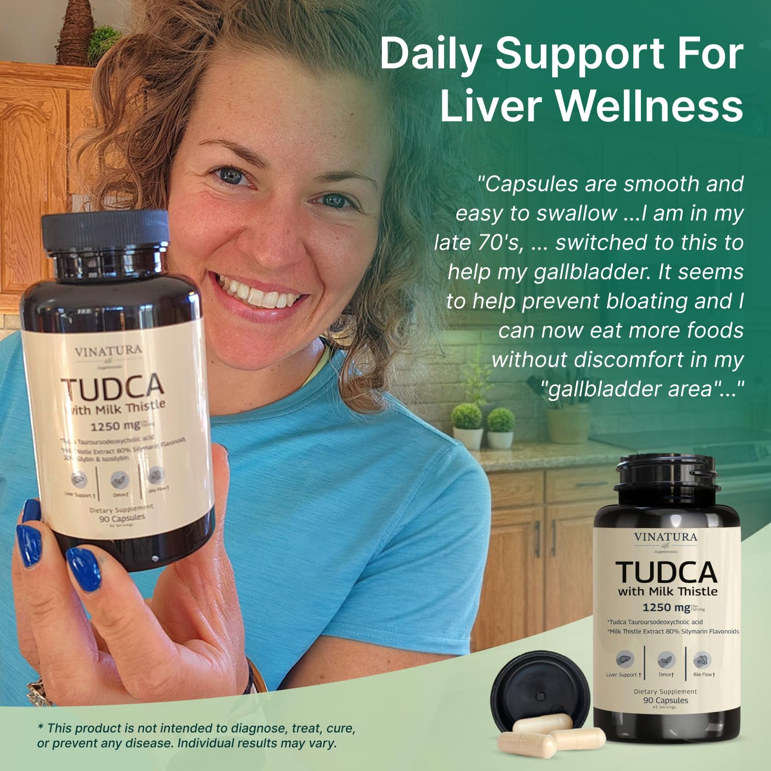 Vinatura premium gallbladder support capsules side angle highlighting 90 capsule count.