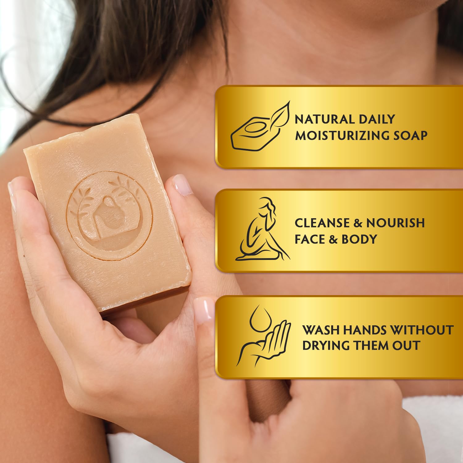 Handmade Greek olive oil soap bar showing its natural beige texture for moisturizing dry skin.