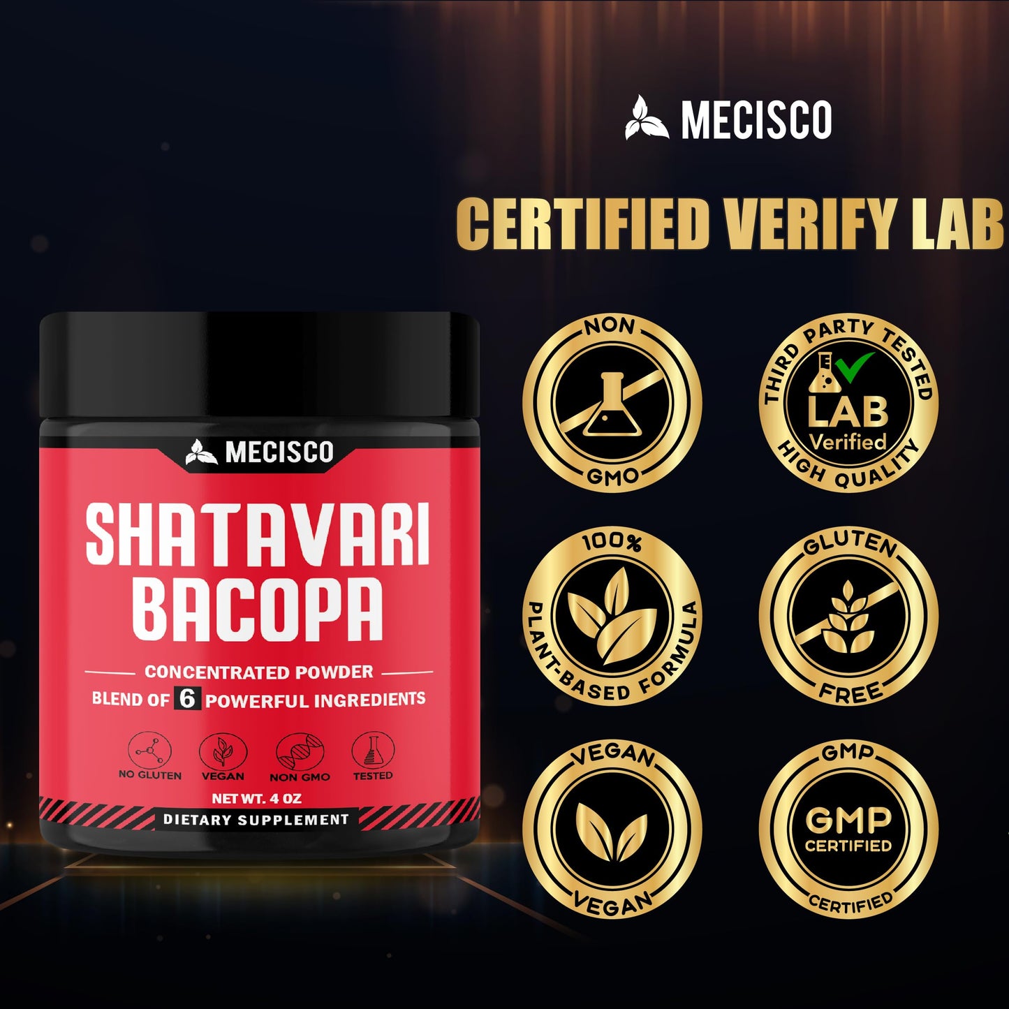 Mecisco 6in1 powdered supplement showing the nutrition facts panel and directions
