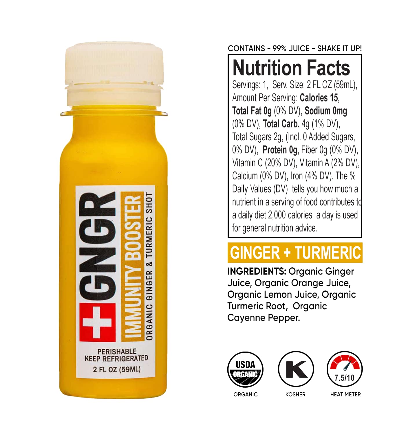 Cold-pressed organic ginger wellness shots bottles highlighting the natural ingredients list.