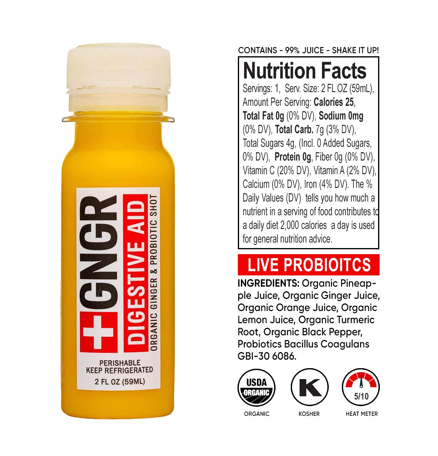 USA imported +GNGR wellness shots package displaying the USDA Organic and non-GMO labels.