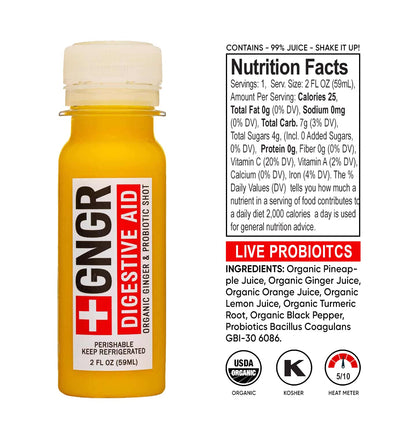 USA imported +GNGR wellness shots package displaying the USDA Organic and non-GMO labels.