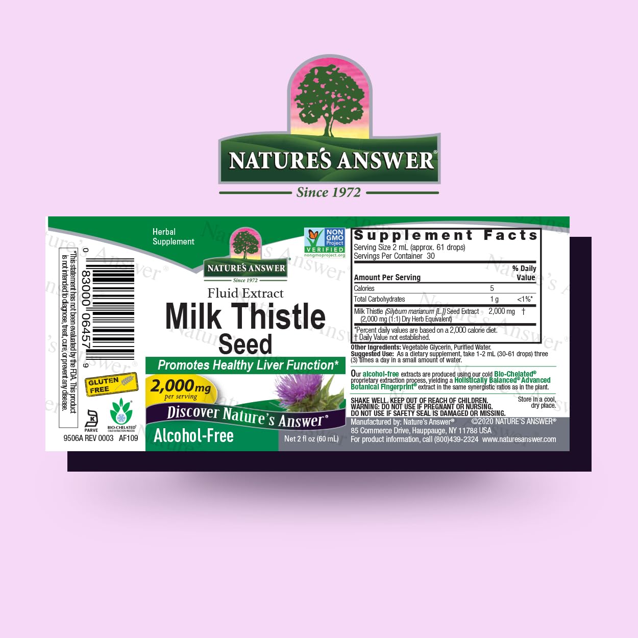 Nature's Answer 2000 mg milk thistle seed fluid extract dropper bottle side label