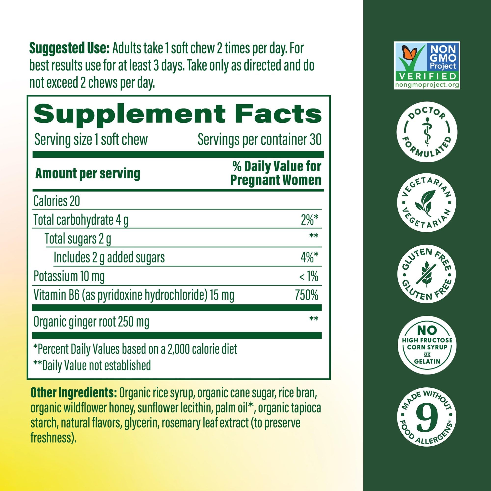 MegaFood prenatal morning sickness ginger chews showing honey lemon flavor details