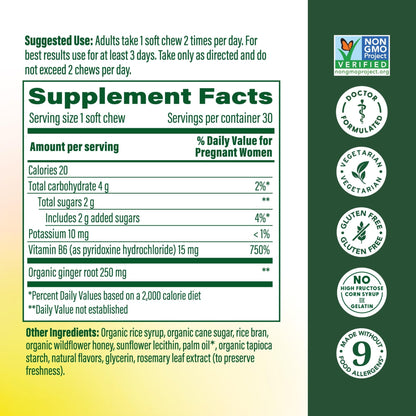 MegaFood prenatal morning sickness ginger chews showing honey lemon flavor details