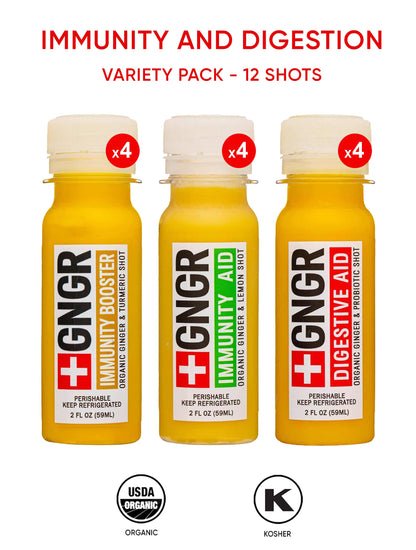 Individual two fluid ounce ginger and turmeric immunity booster bottles ready for daily consumption.