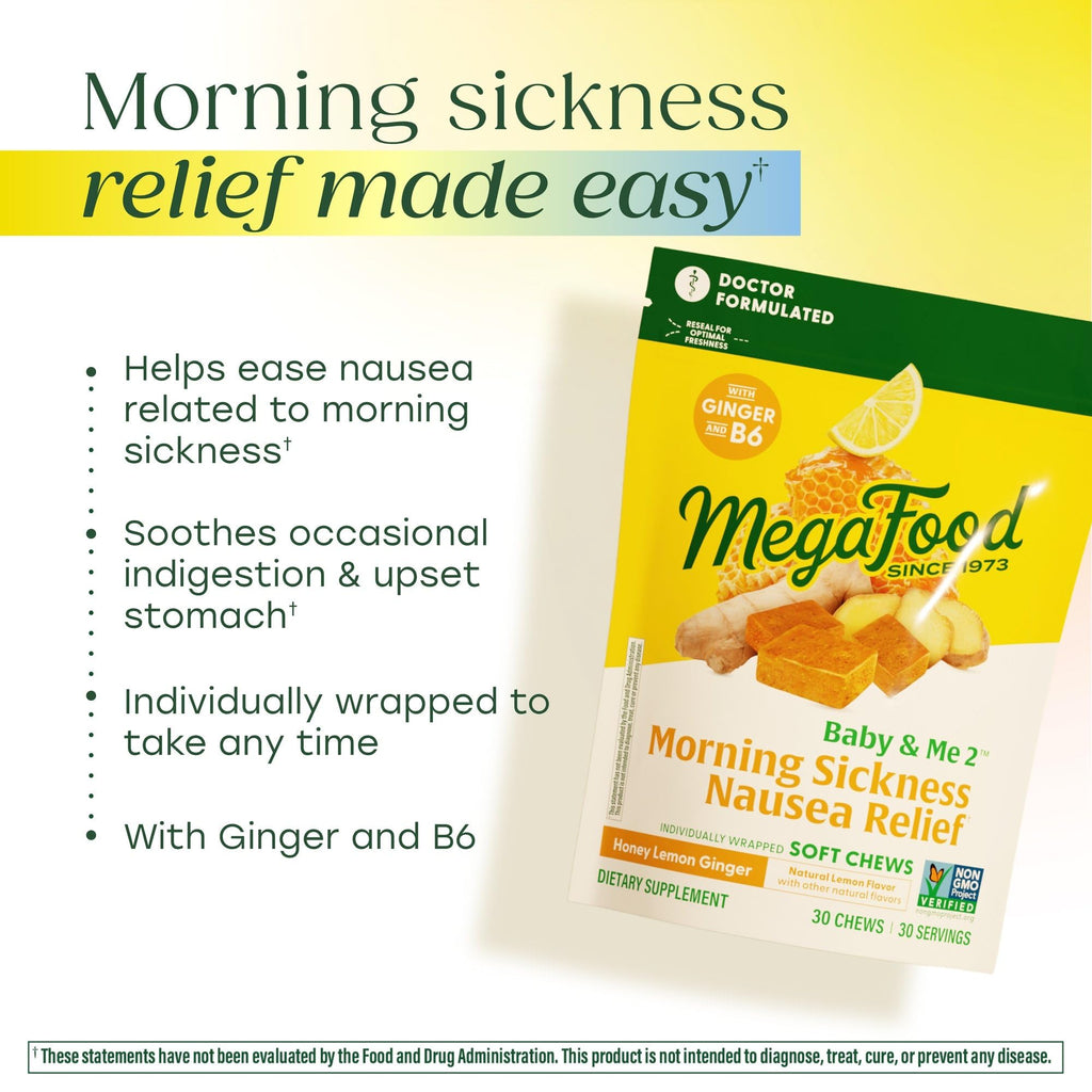 MegaFood prenatal nausea relief soft chews ingredient list and supplement facts label