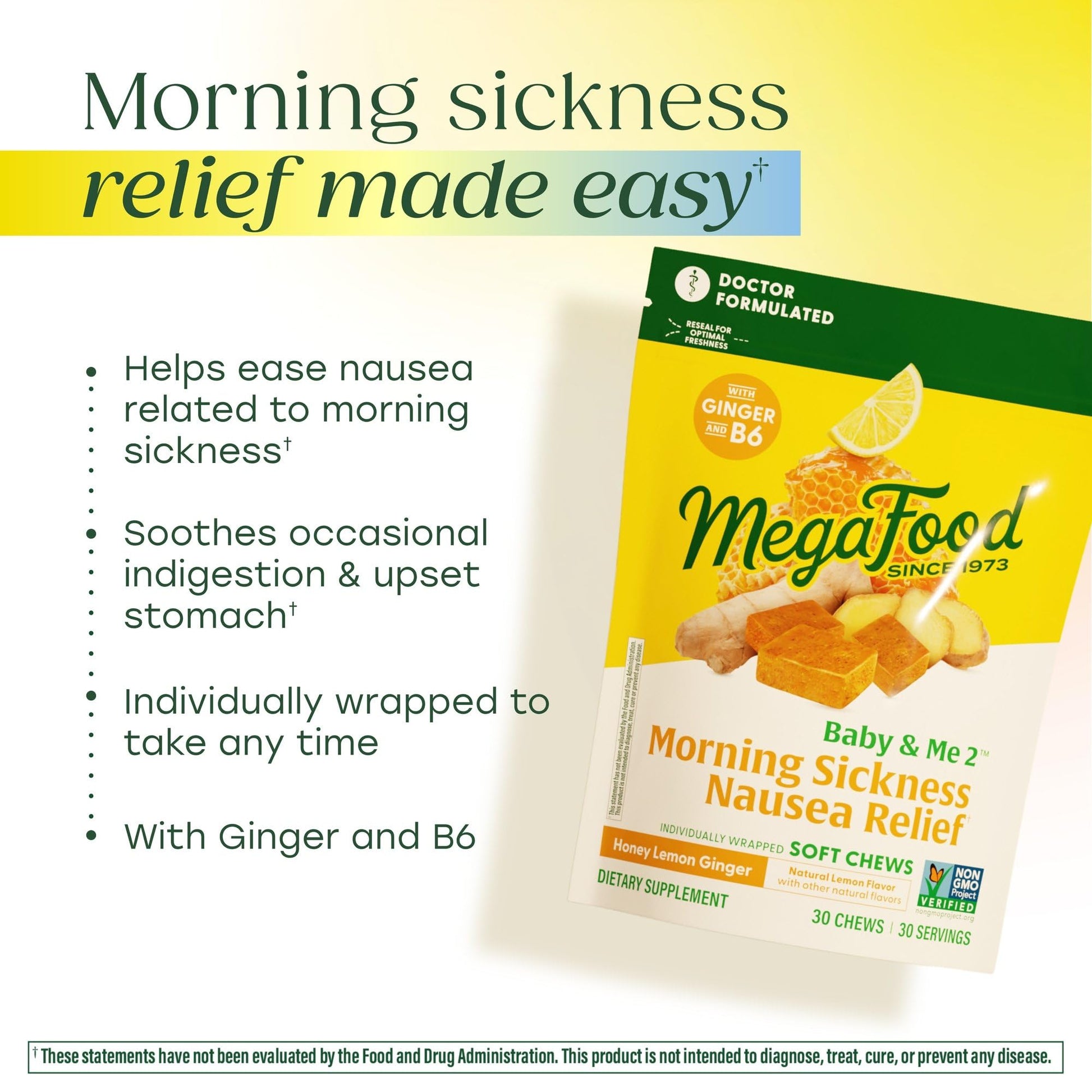 MegaFood prenatal nausea relief soft chews ingredient list and supplement facts label