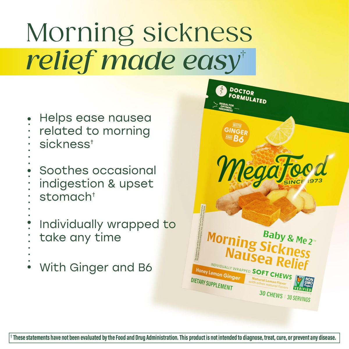 MegaFood prenatal nausea relief soft chews ingredient list and supplement facts label
