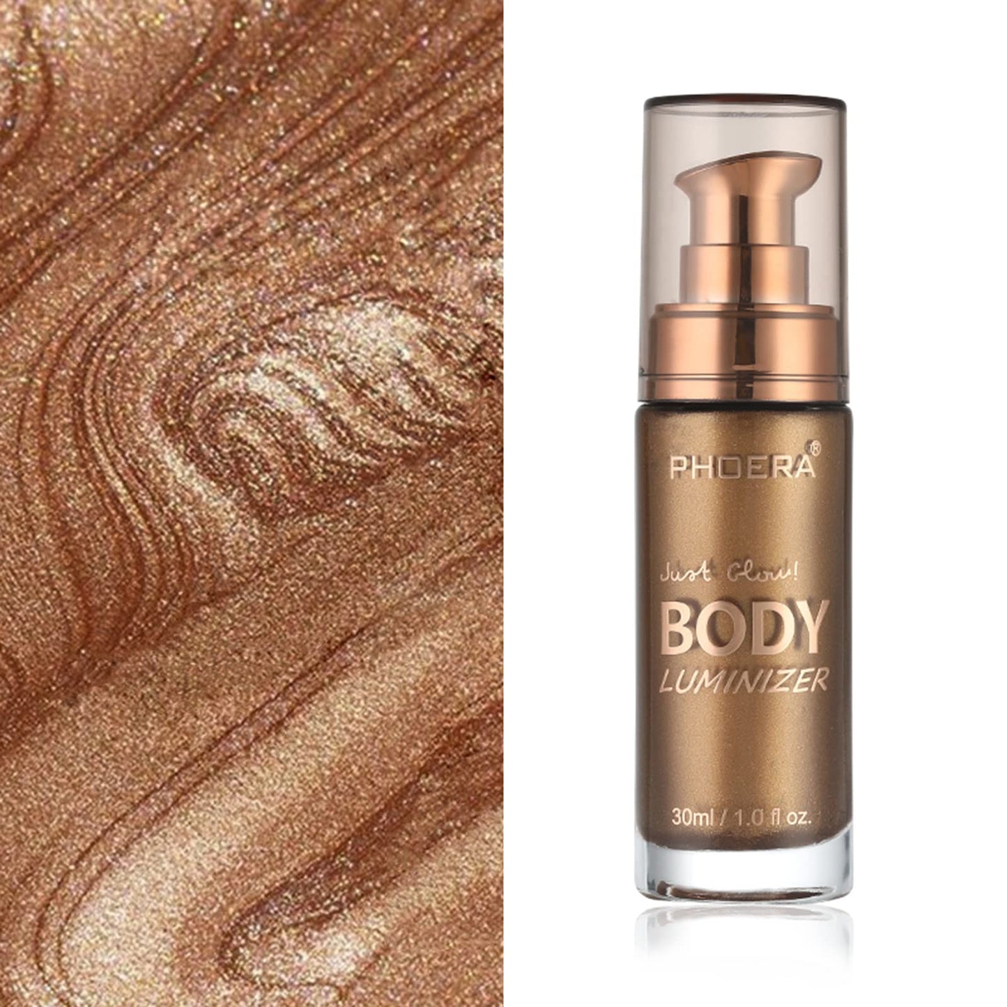 Waterproof body glow highlighter oil being applied to the shoulder with a makeup brush