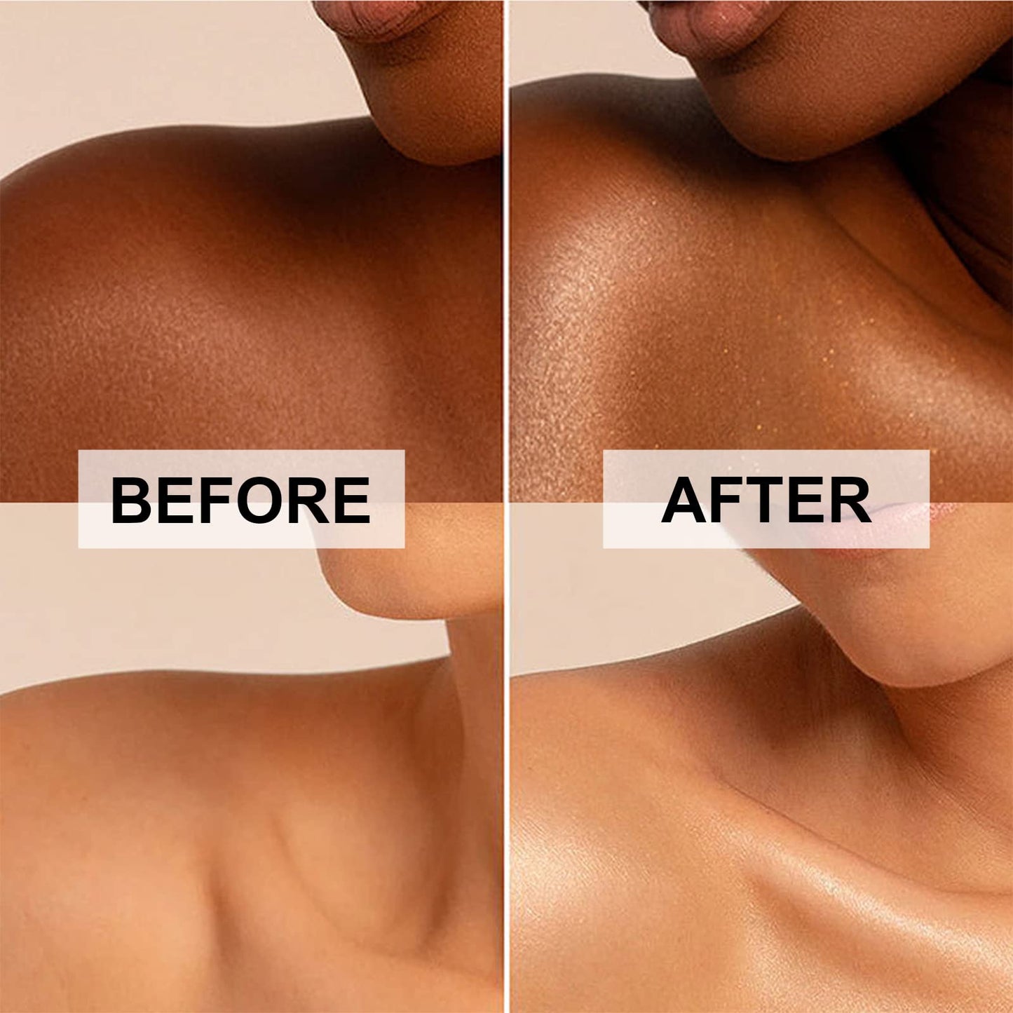 Sun kissed glow effect of ASCOKA shimmering body highlighter on Mediterranean skin tones