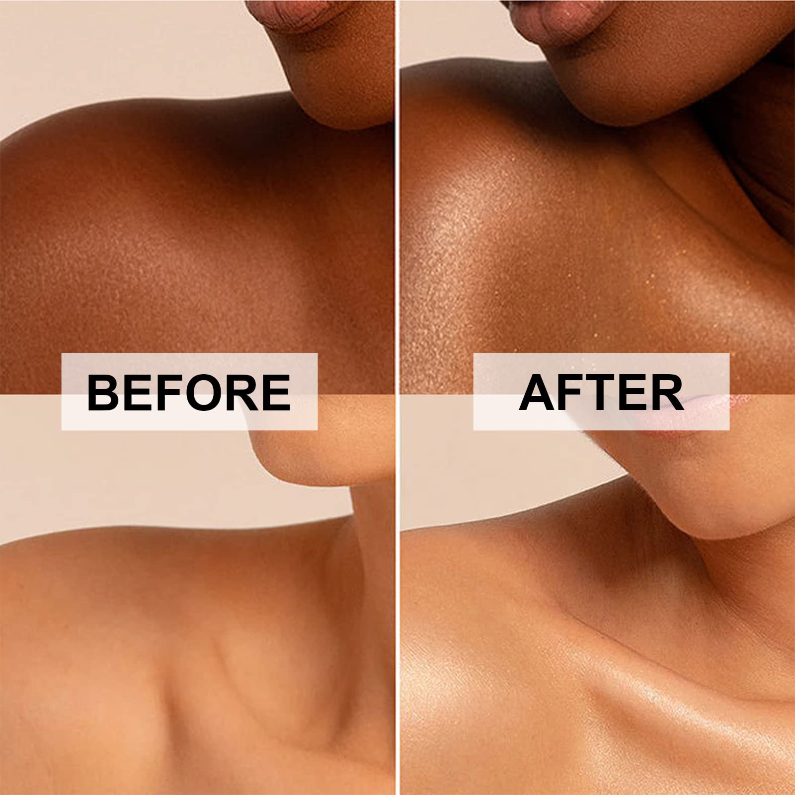 Sun kissed glow effect of ASCOKA shimmering body highlighter on Mediterranean skin tones