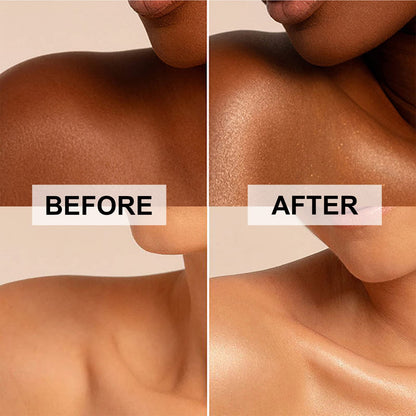 Sun kissed glow effect of ASCOKA shimmering body highlighter on Mediterranean skin tones