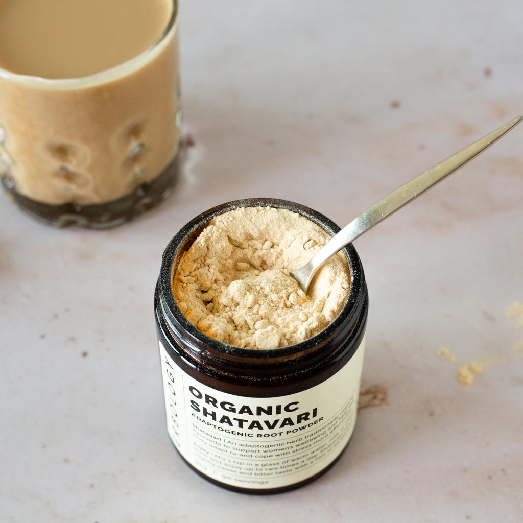 Pure plant based vegan non GMO shatavari powder for hormonal balance daily ritual.