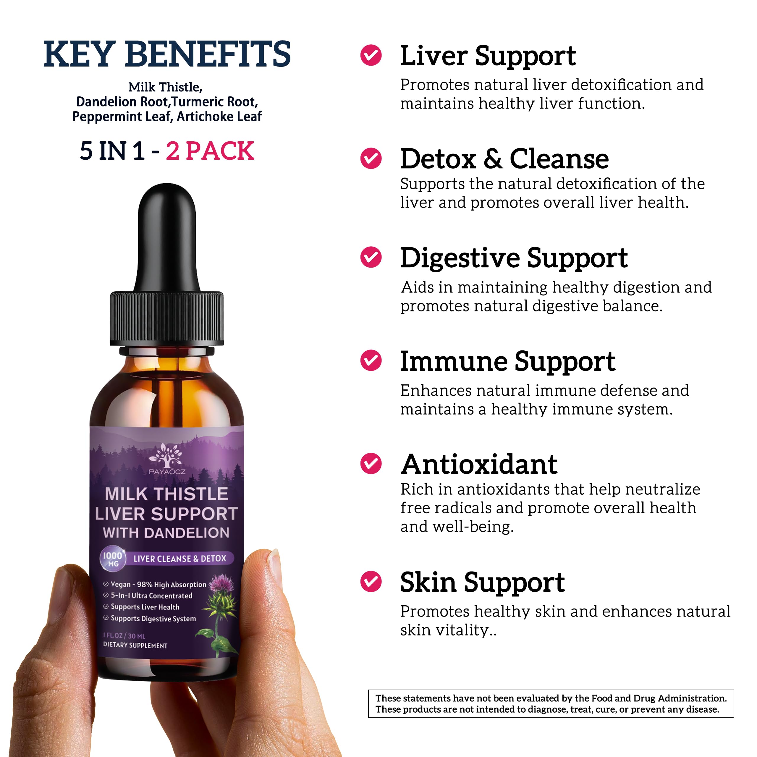 PAYAOCZ Milk Thistle liquid supplement bottles showing organic ingredients and vegan product badges