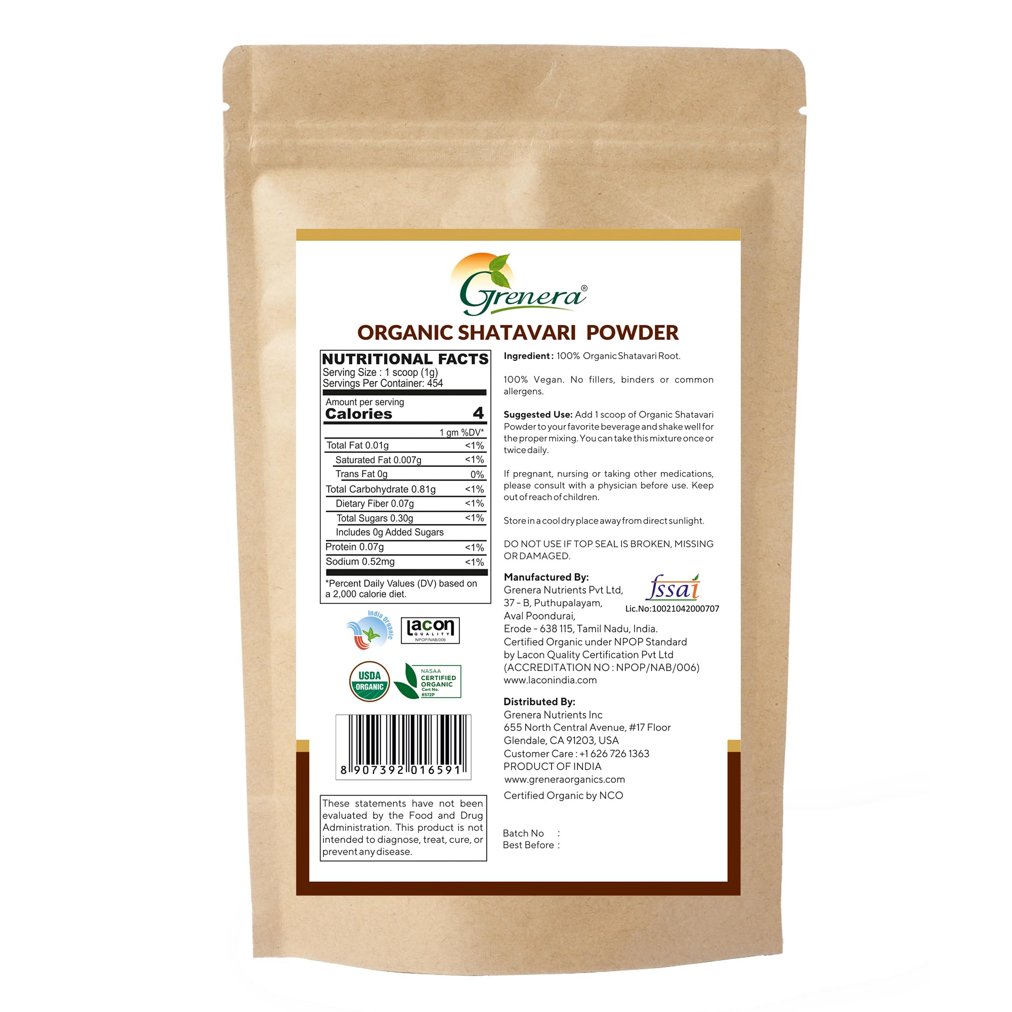 USDA certified organic shatavari root powder packaging back view showing ingredient purity