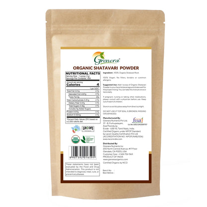 USDA certified organic shatavari root powder packaging back view showing ingredient purity