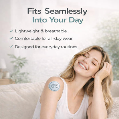 Demonstration of peeling and sticking a vegan bloating relief patch onto dry skin for overnight fluid balance support.