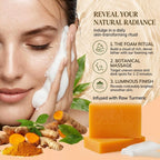Close up of Purivvanest Kojic Acid Turmeric Soap bar texture and orange hue