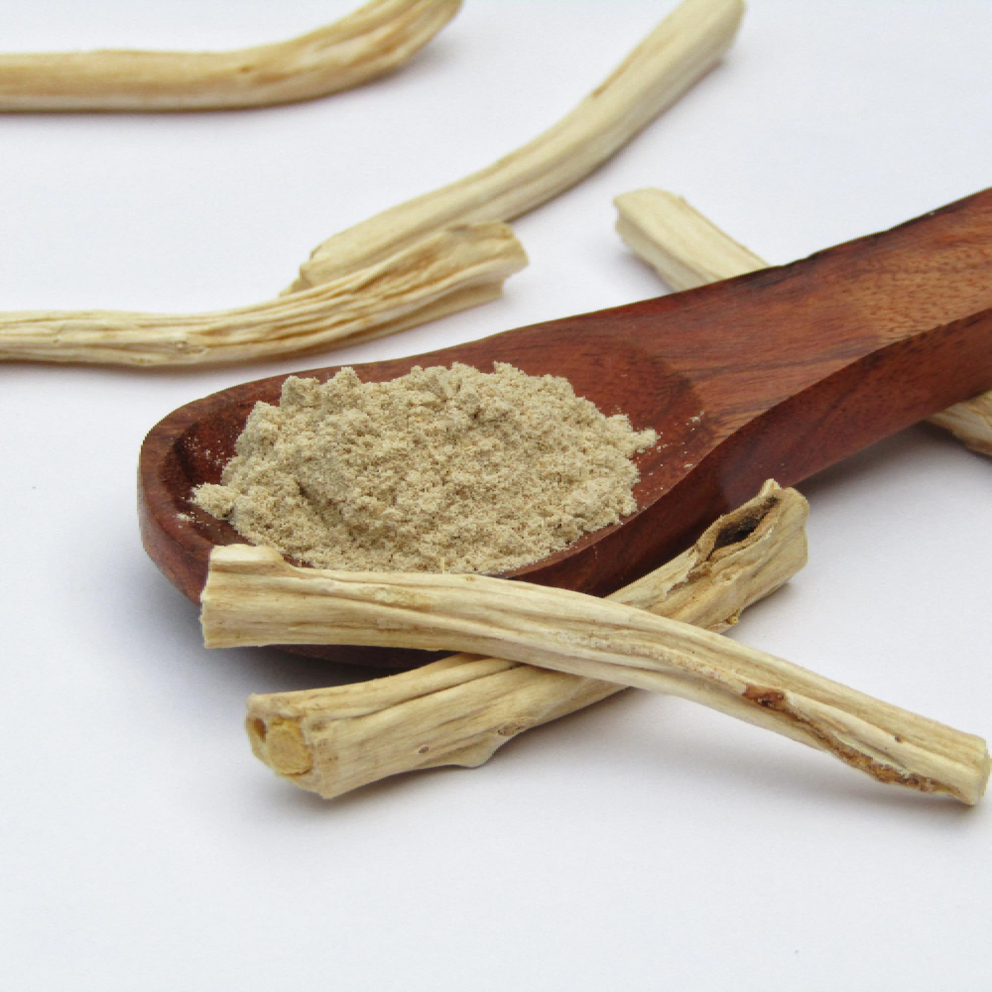 Pure Asparagus racemosus root powder packaging showing organic certified labels and usage instructions.