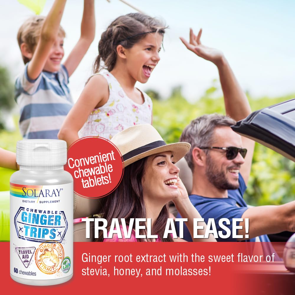 Solaray Ginger Trips travel aid chewable wafers packaging details