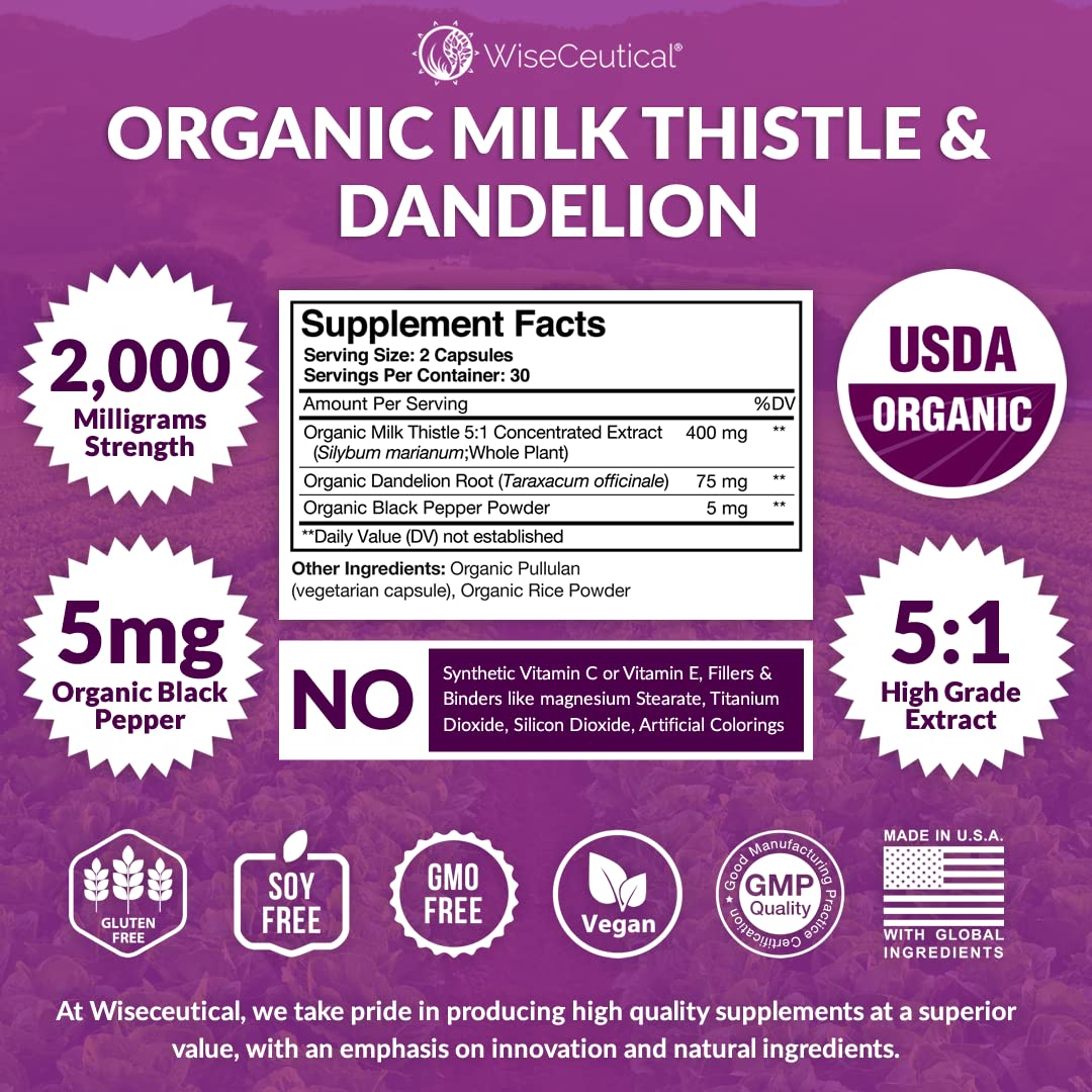 Wiseceutical Milk Thistle and Dandelion capsules supplement facts and ingredient list label view