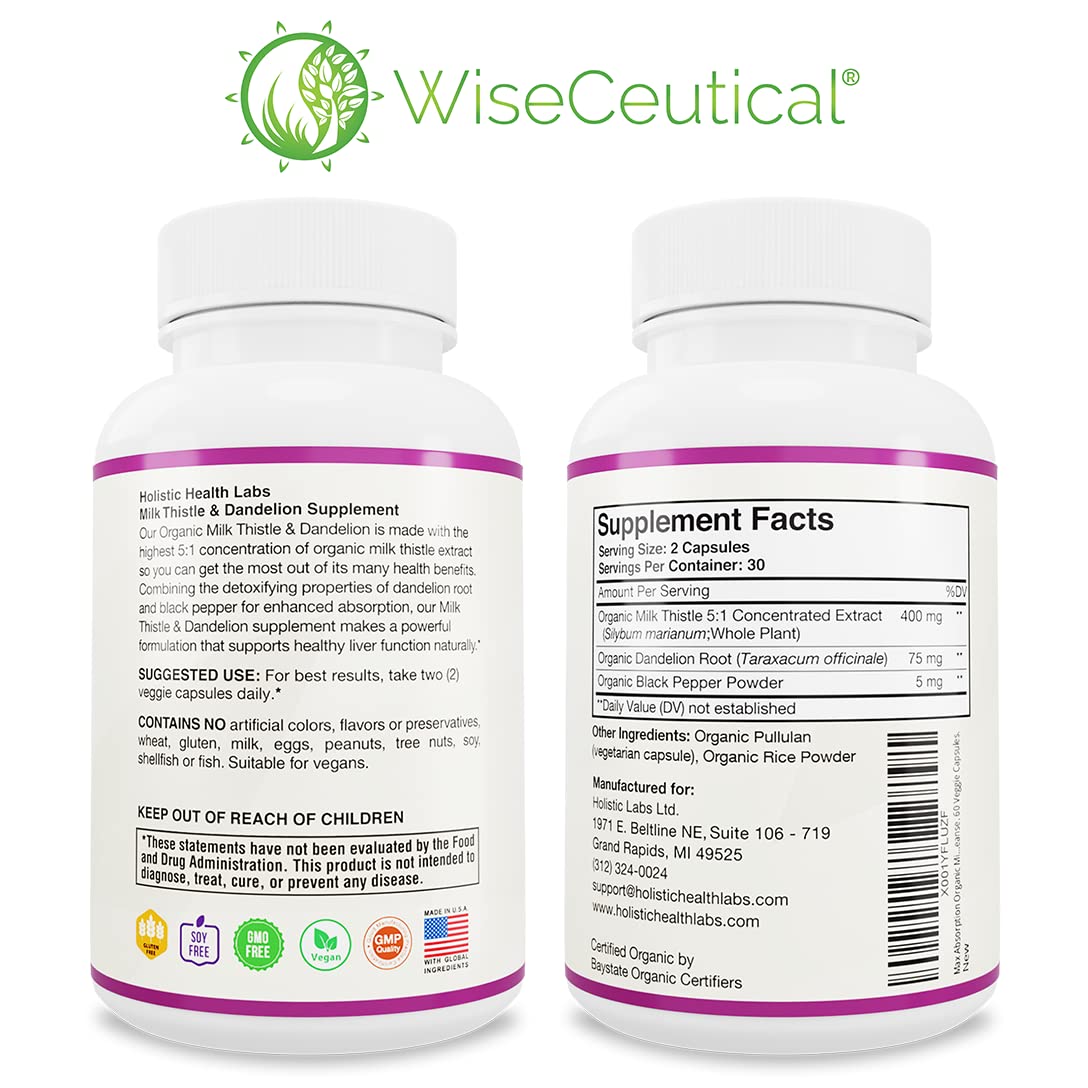 Wiseceutical maximum absorption milk thistle 60 veggie capsules bottle angle shot