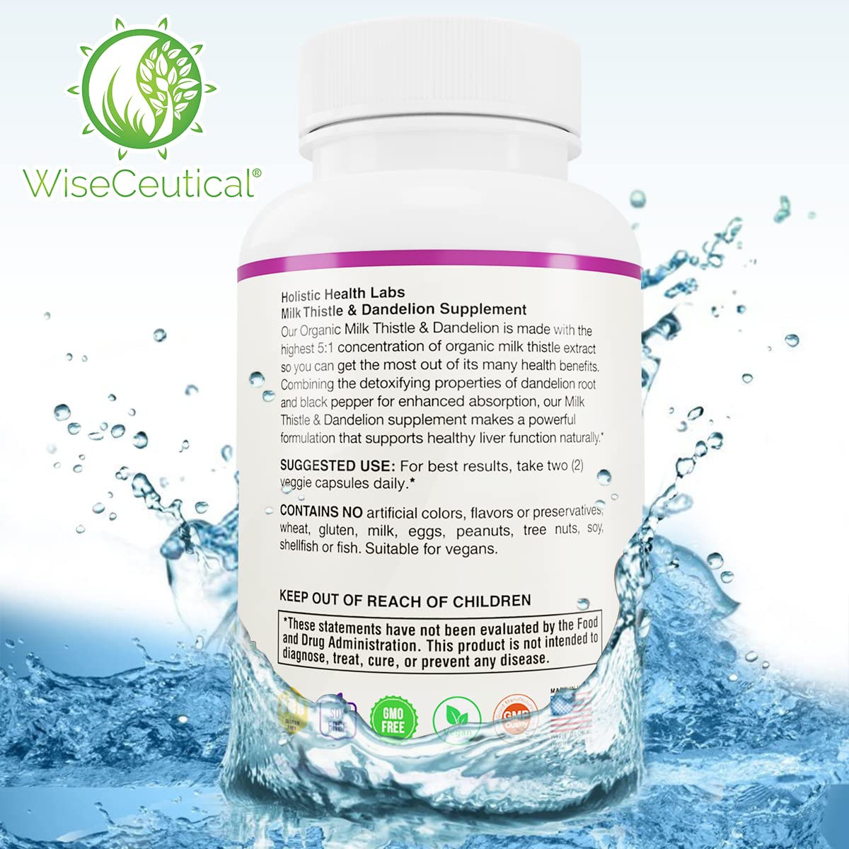 Wiseceutical premium herbal dietary supplement showing USDA organic certification seal on container